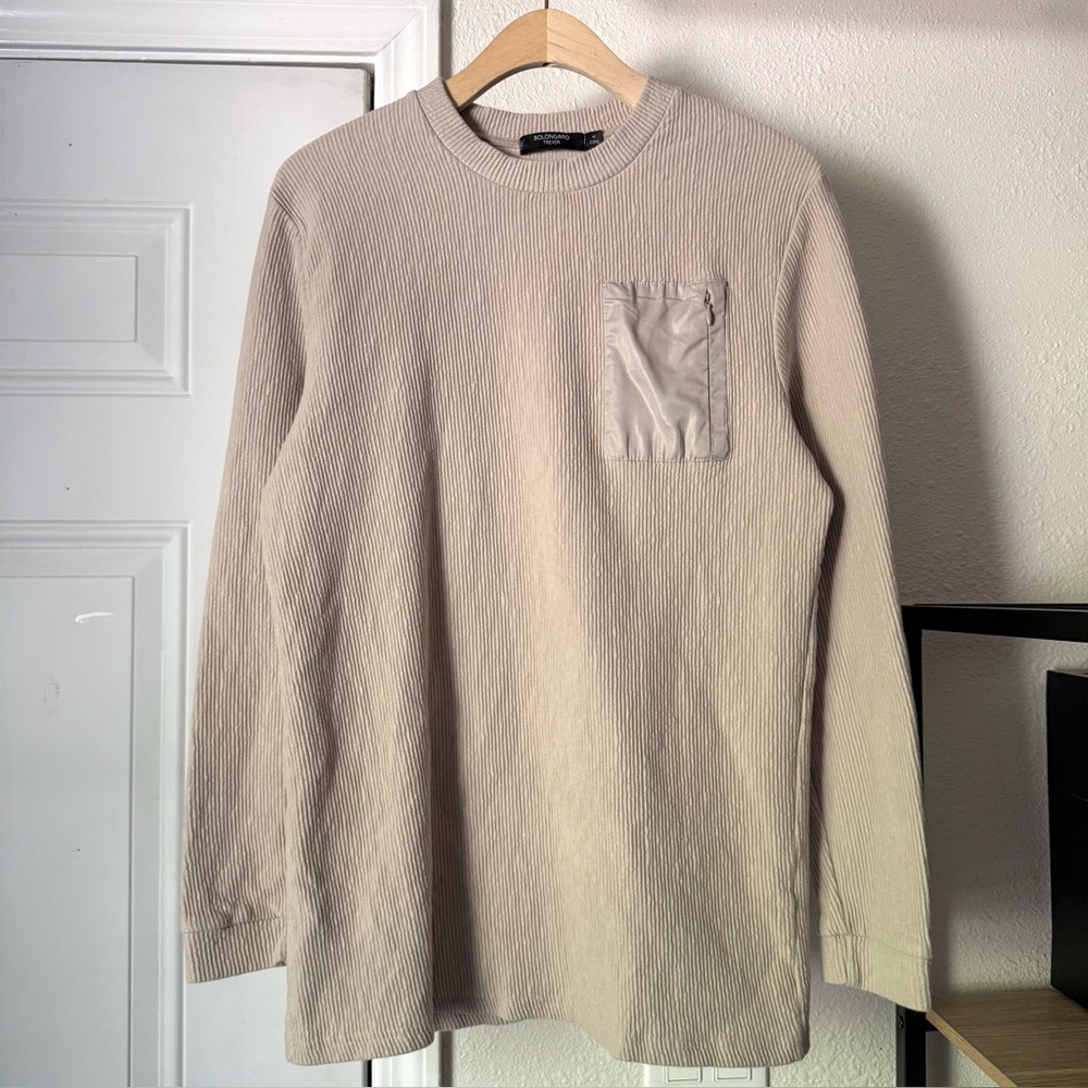 BOLONGARO TREVOR tan‎ rib ribbed knit crew neck patch pocket pullover sweater